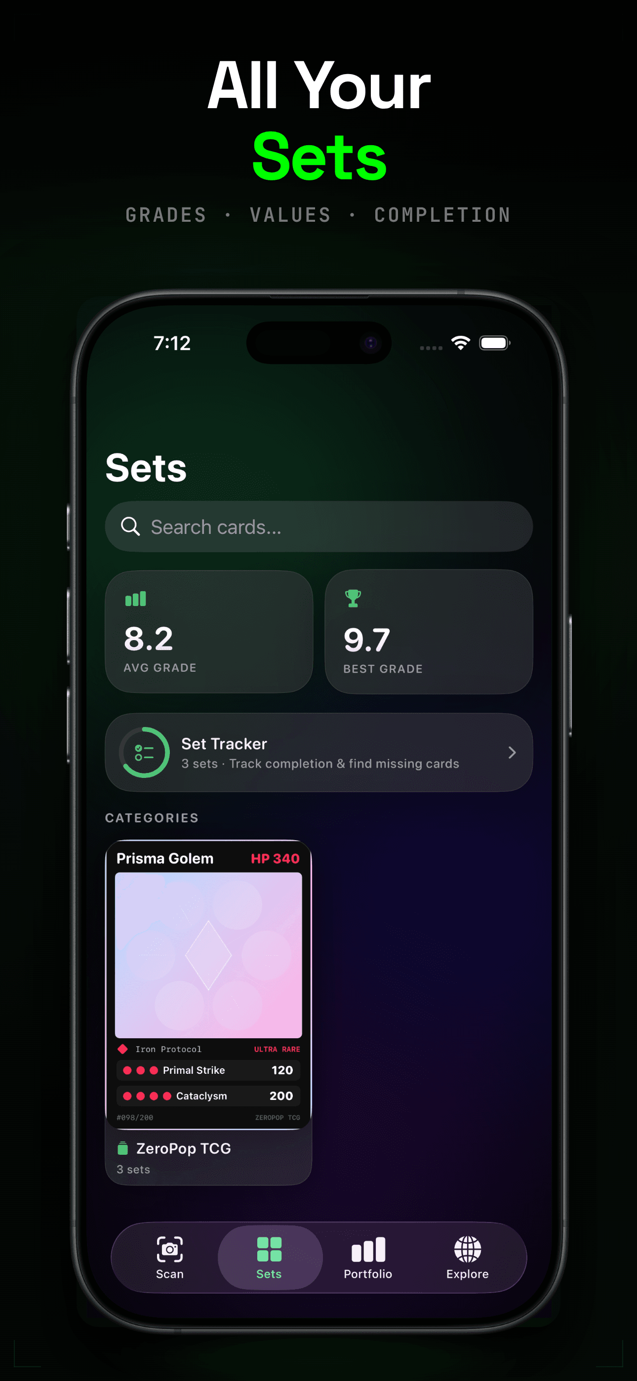 All your sets with grades values and completion tracking